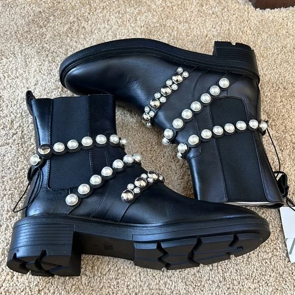 Combat Boots Zara Embellished Boots Zara Women's Black Leather